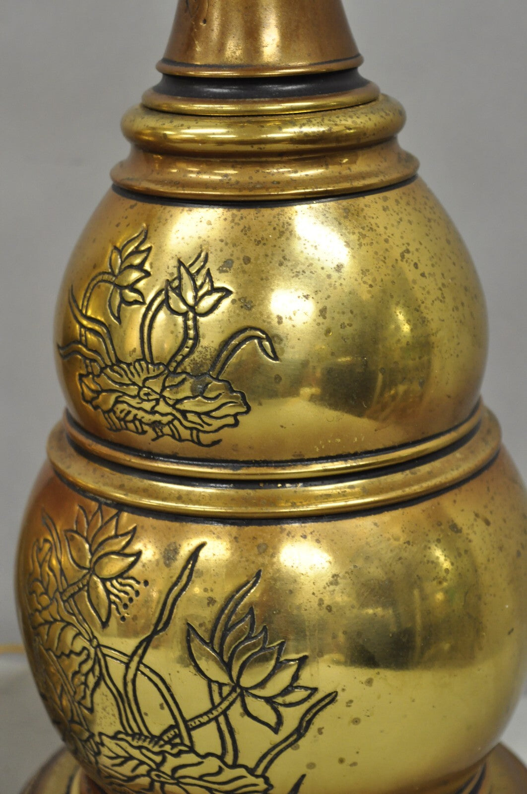 Vintage Chinoiserie Brass Stacked Beehive Table Lamps with Floral Etching - Pair