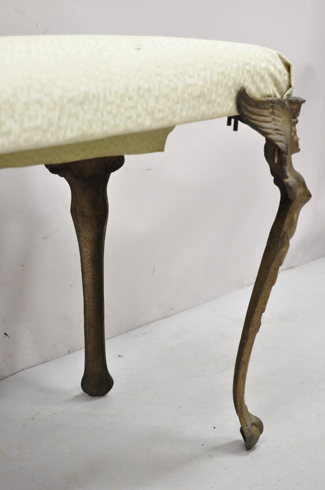Antique French Art Deco Figural Bench With Cast Iron Winged Women Legs