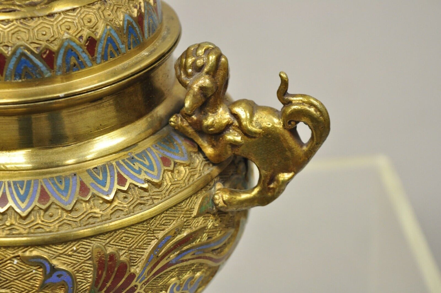 Vintage Japanese Cloisonne Enamel Champleve Bronze Foo Dog Incense Burner