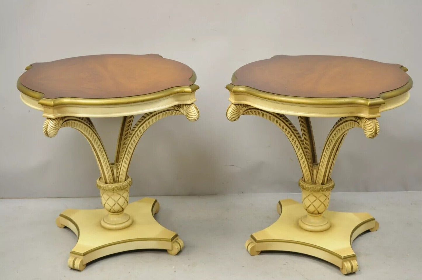 Grosfeld House Plume Carved Feather Pedestal Regency Side Tables - a Pair