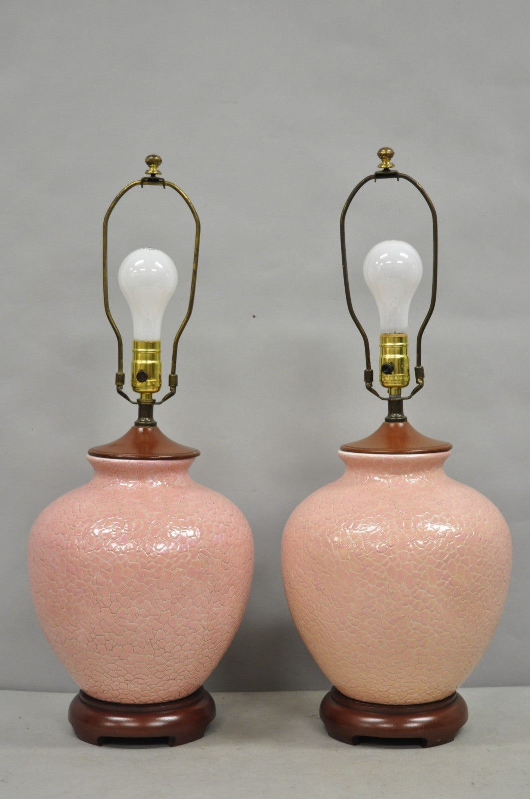 Vintage Chinoiserie Pink Porcelain Chinese Ginger Jar Table Lamps - a Pair