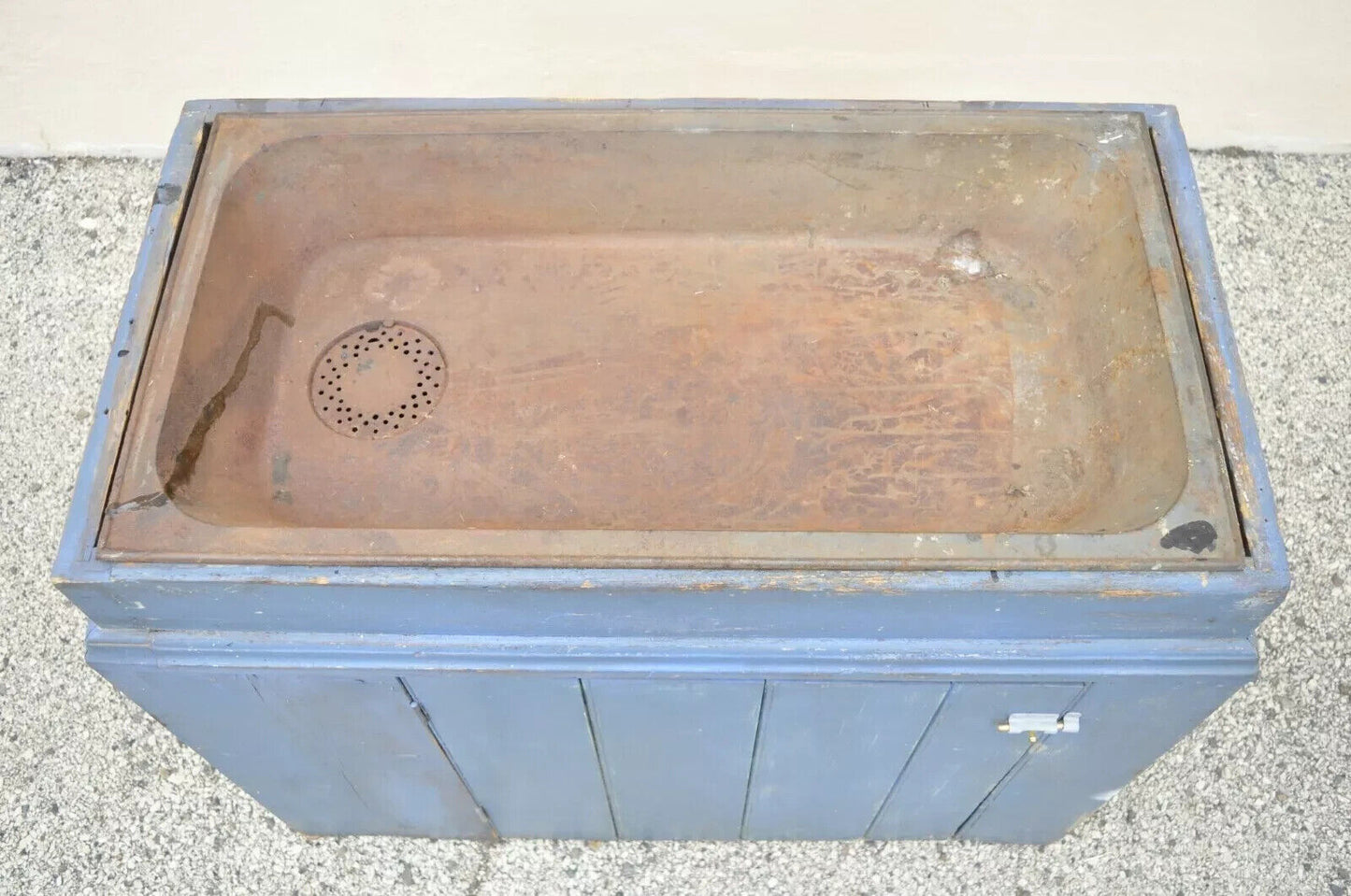 Antique Primitive Blue Distress Painted Cupboard Cabinet Vanity Cast Iron Sink