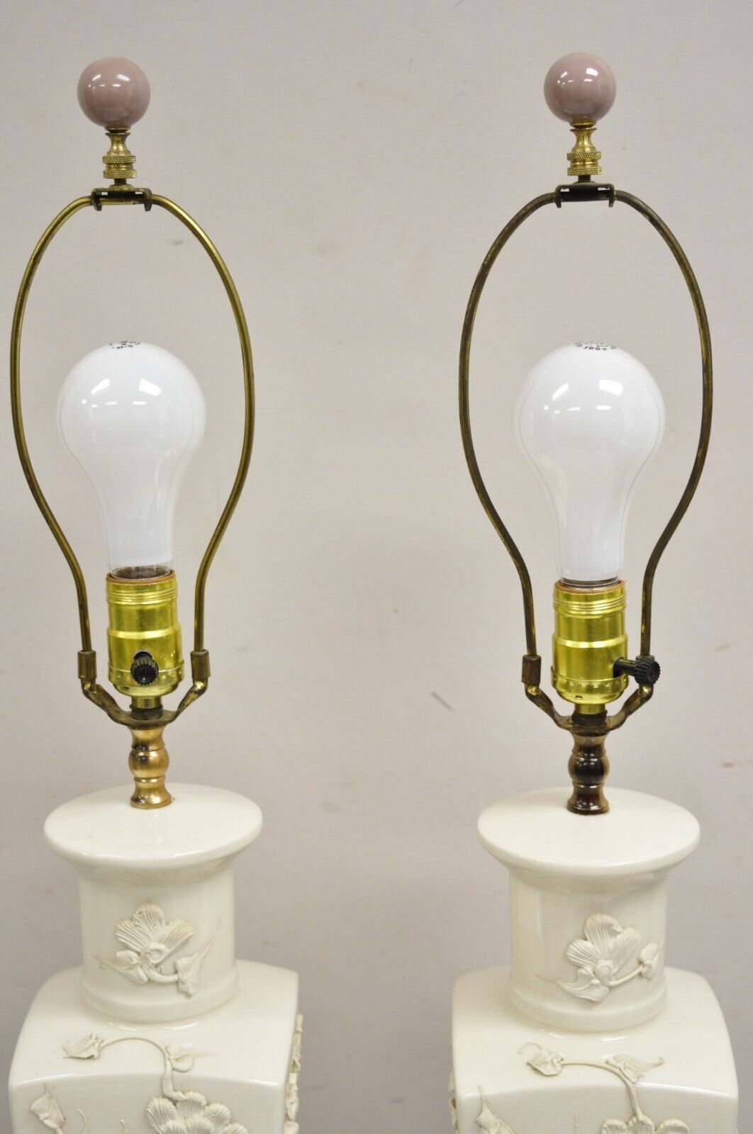 Vintage Chinoiserie Porcelain "Cherry Blossom" Blanc De Chine Table Lamps - Pair