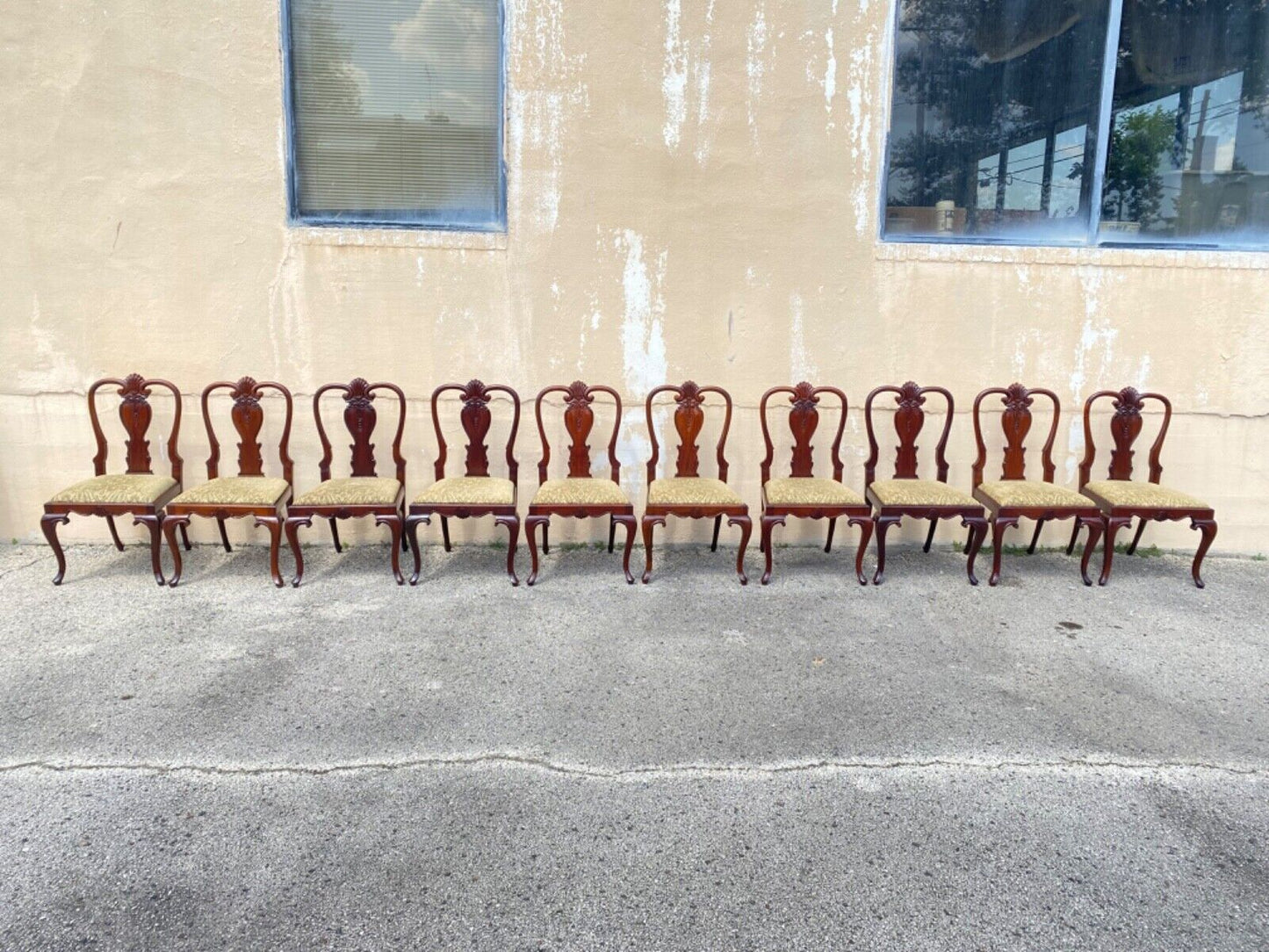 Queen Anne Style Solid Mahogany Carved Fan T-Back Dining Chairs- Set of 12