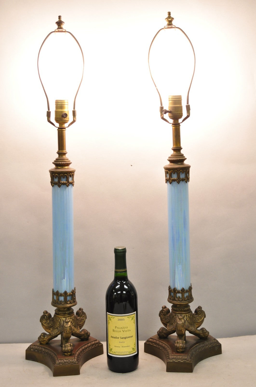 Vintage Italian Neoclassical Empire Iridescent Blue Glass Column Table Lamp Pair