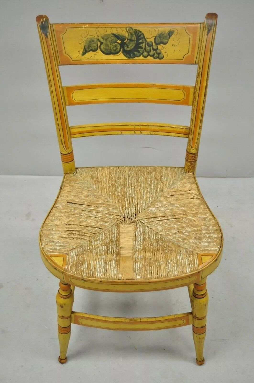 Antique Hitchcock Style Slat Back Rush Seat Yellow Paint Stencil Side Chair (A)