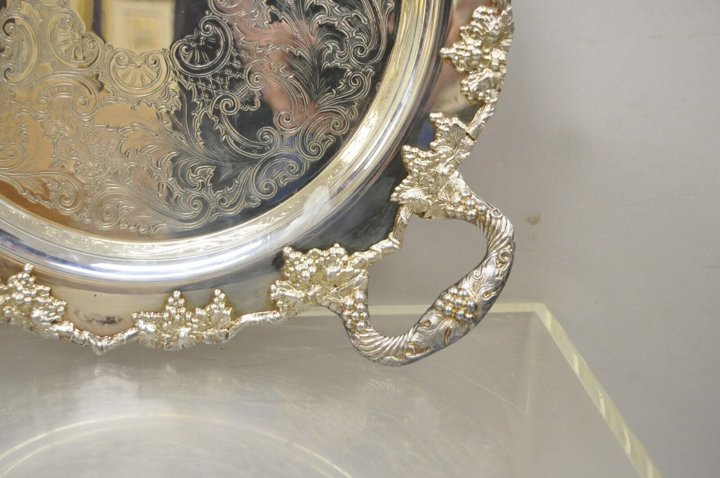 Vintage Crescent Silver Plate 17" Grape Vine Pattern Round Platter Tray