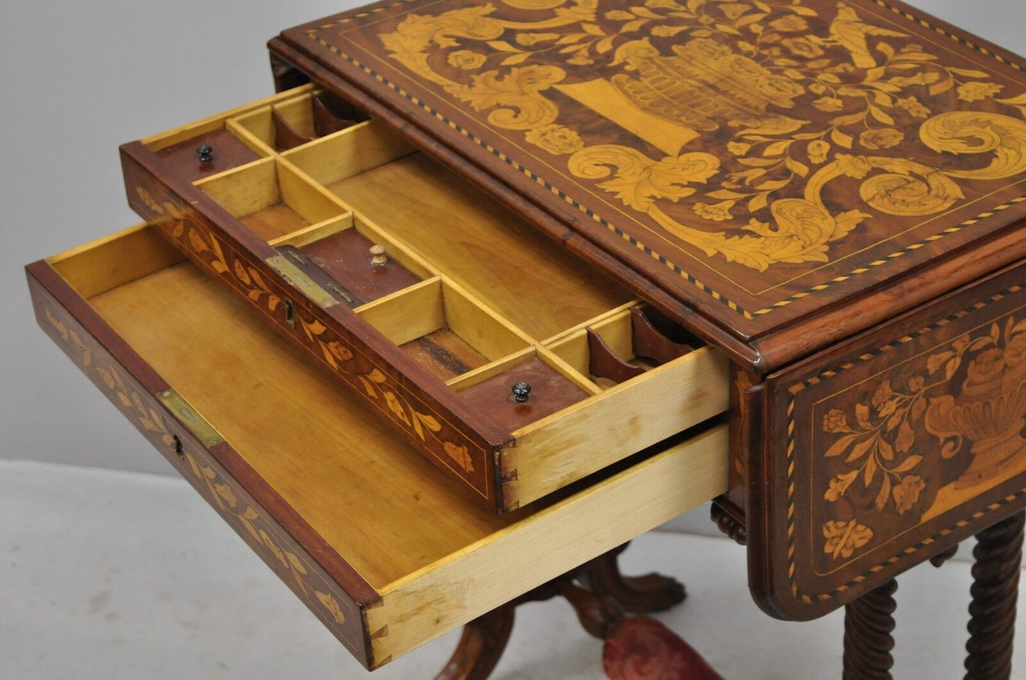 19th C. Dutch Marquetry Inlaid Regency Style Drop Leaf Sewing Stand Work Table