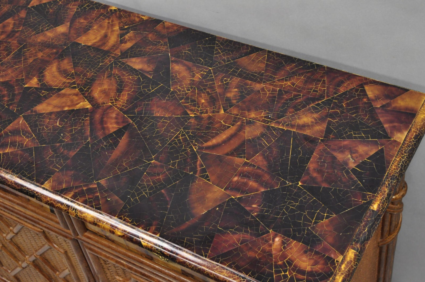 Chinese Chippendale Faux Bamboo Rattan Tortoiseshell Server Buffet Bar Cabinet