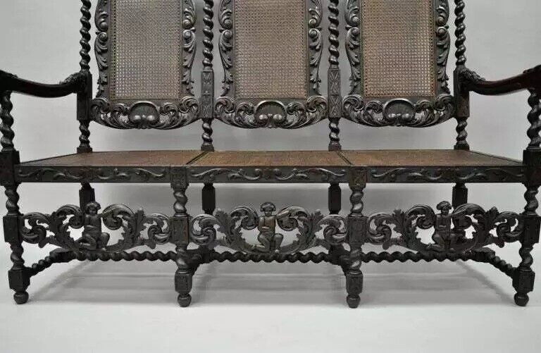Jacobean Renaissance Barley Twist Cherub Carved Parlor Loveseat Bench Settee