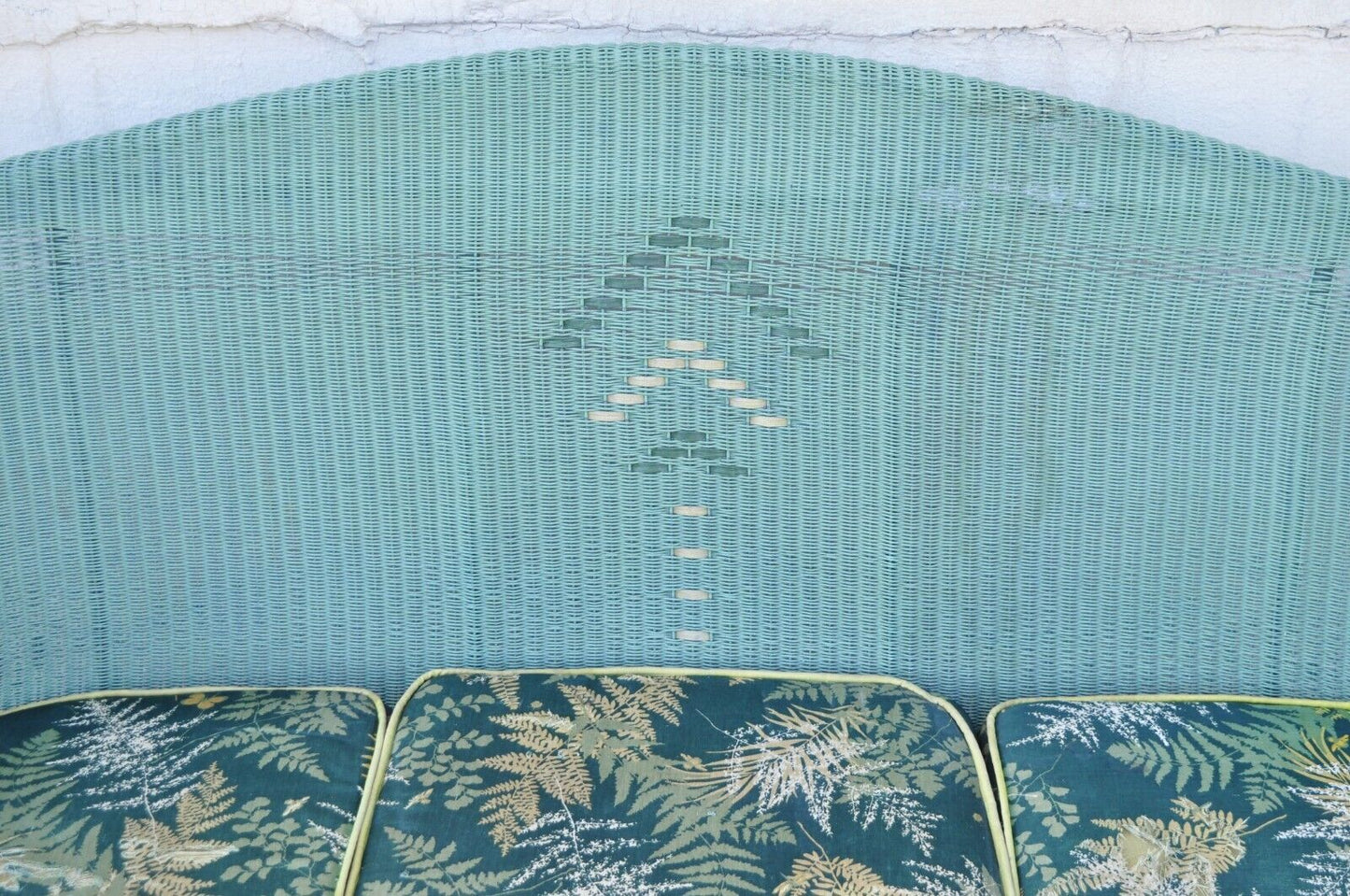 Victorian Blue Green Woven Wicker Sunroom Sofa Rocking Chair Lounge Chair 3 Pcs