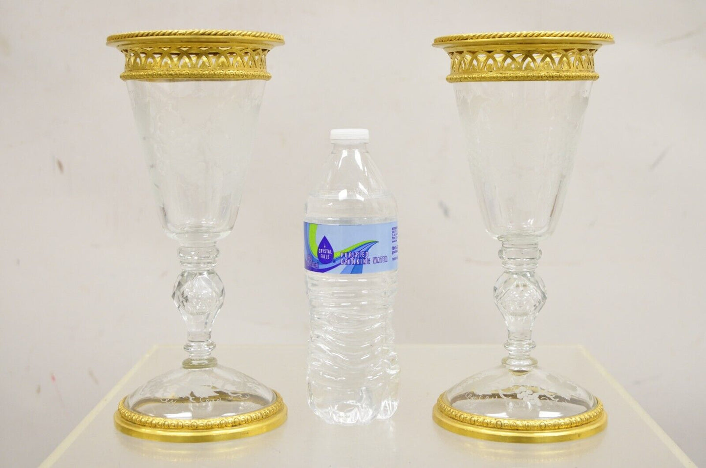 Antique French Louis XV Style Gold Gilt Bronze Crystal Glass Stem Goblet - Pair