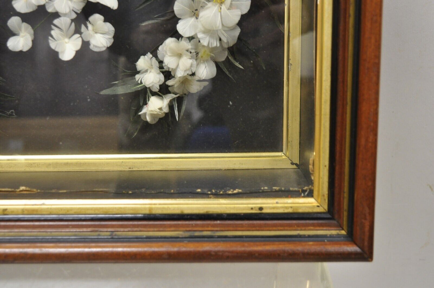 Antique Victorian White Feather Floral Mourning Wreath Mahogany Wood Shadow Box