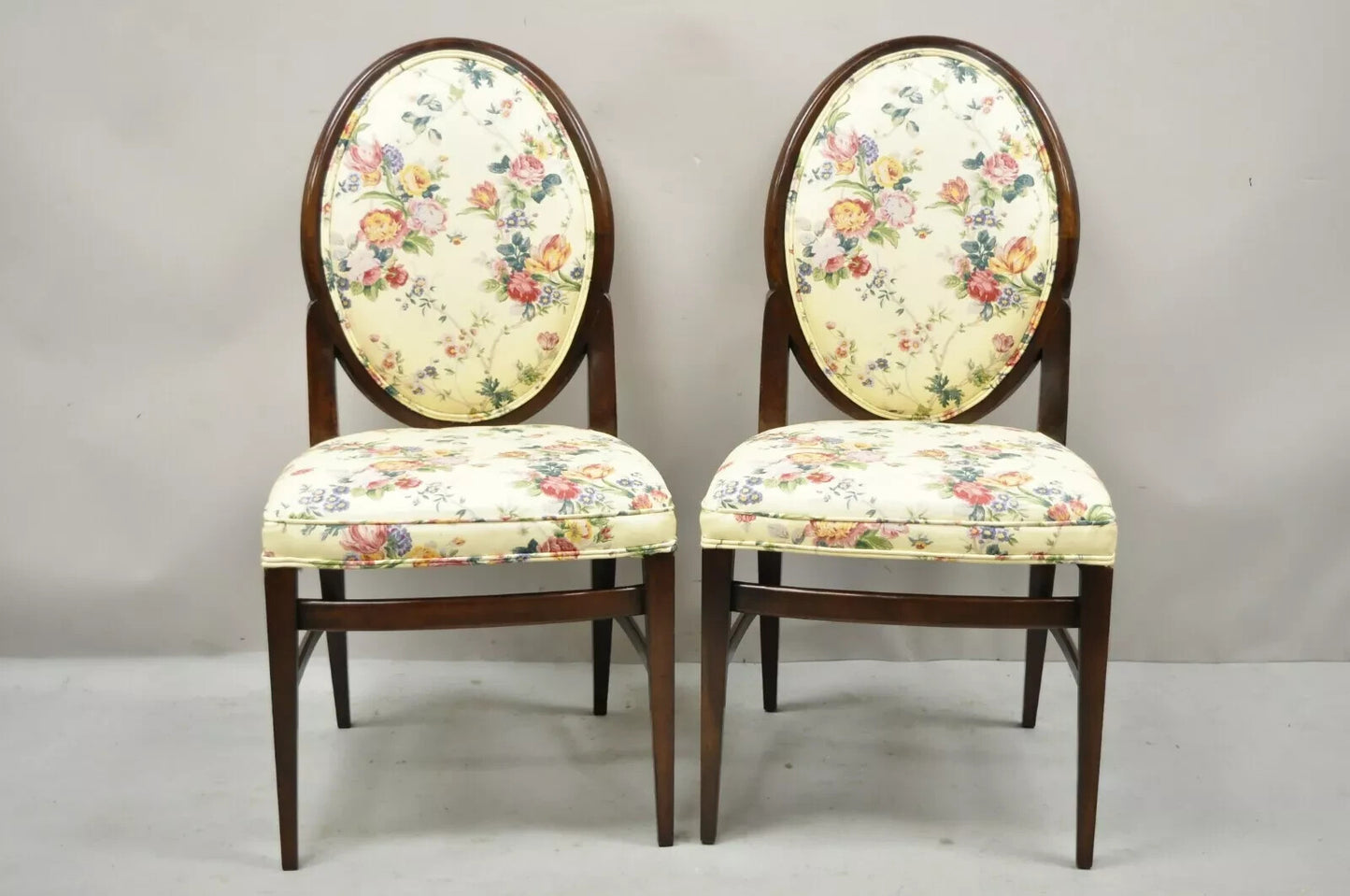 French Art Deco Oval Upholstered Back Mahogany Wood Frame Dining Chairs - a Pair