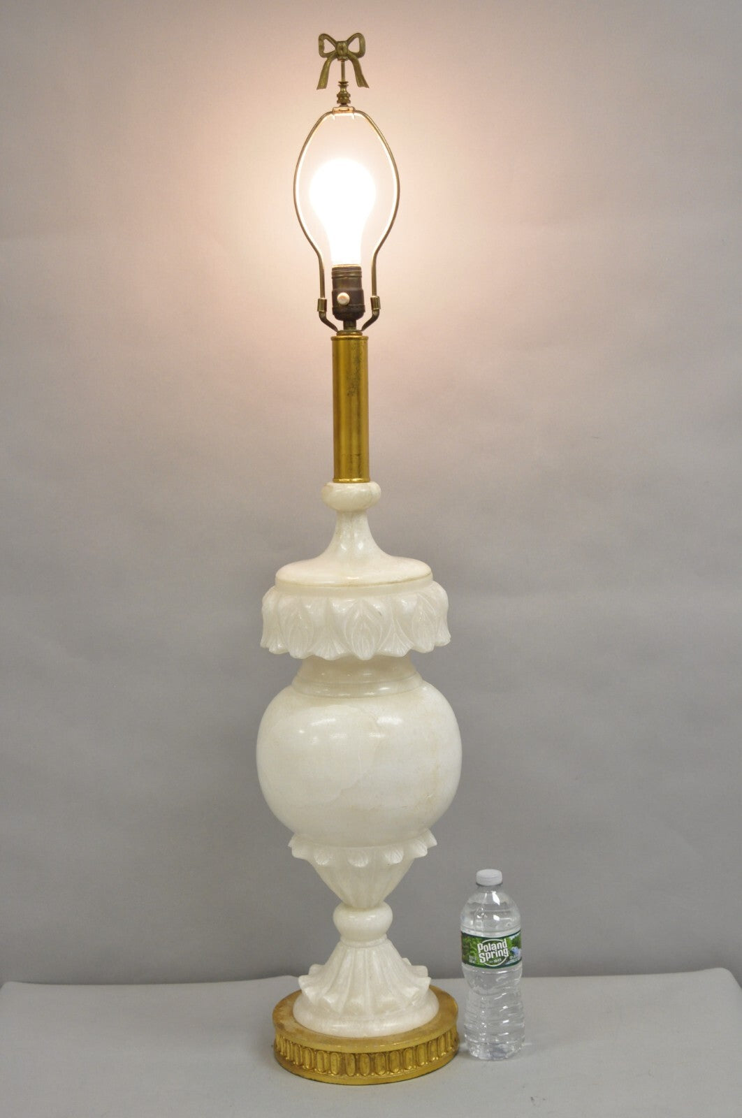Antique Neoclassical Large Carved Solid Alabaster Marble Leaf Bulbous Table Lamp