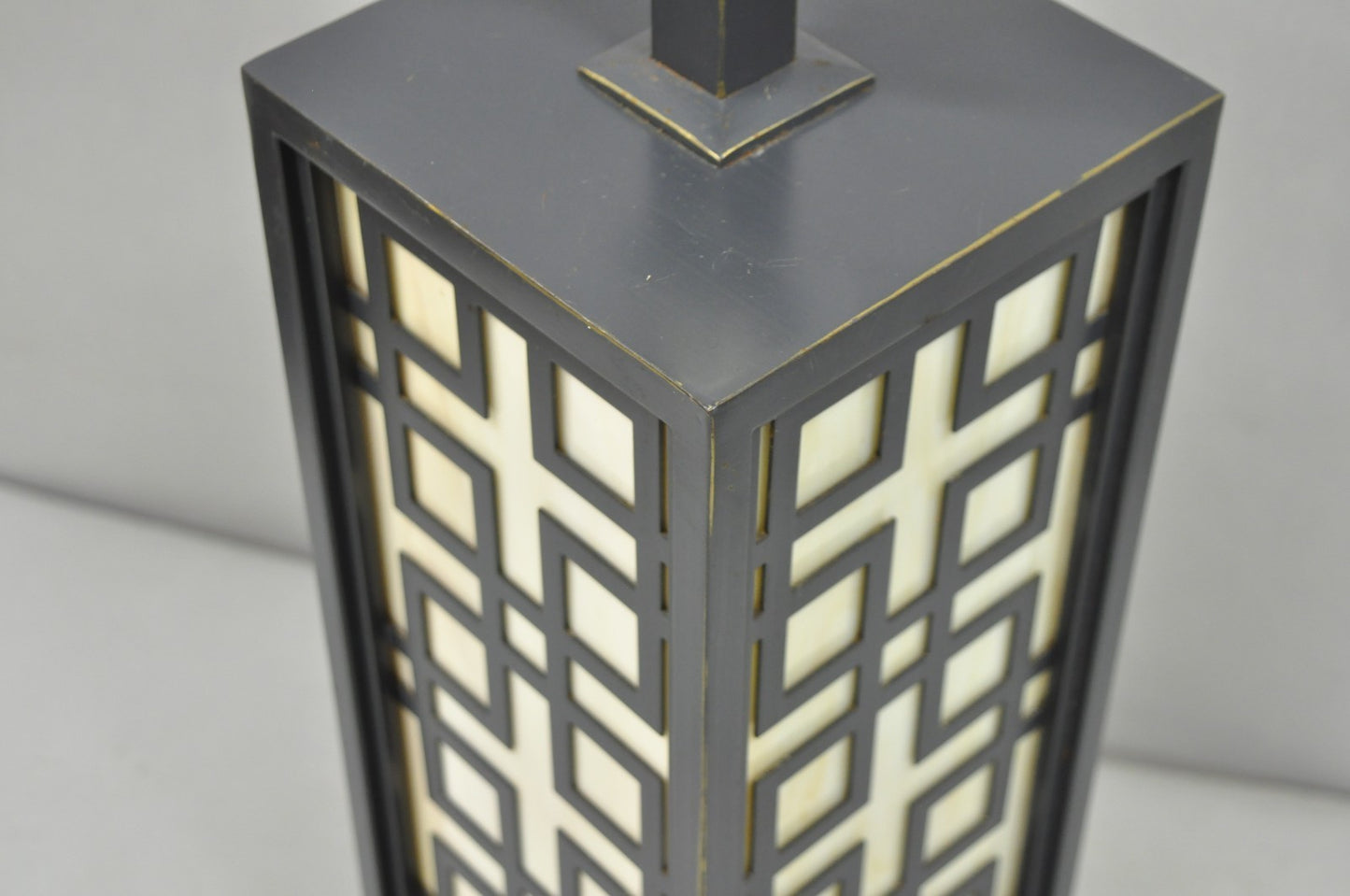 Contemporary Chinoiserie Stained Glass Brushed Metal Fretwork Design Table Lamp