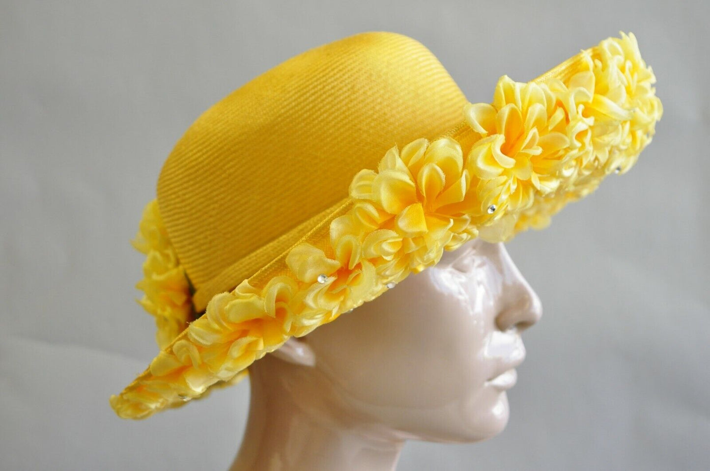 Vintage Jack McConnell Boutique Yellow Straw Bejeweled Flower Petal Derby Hat