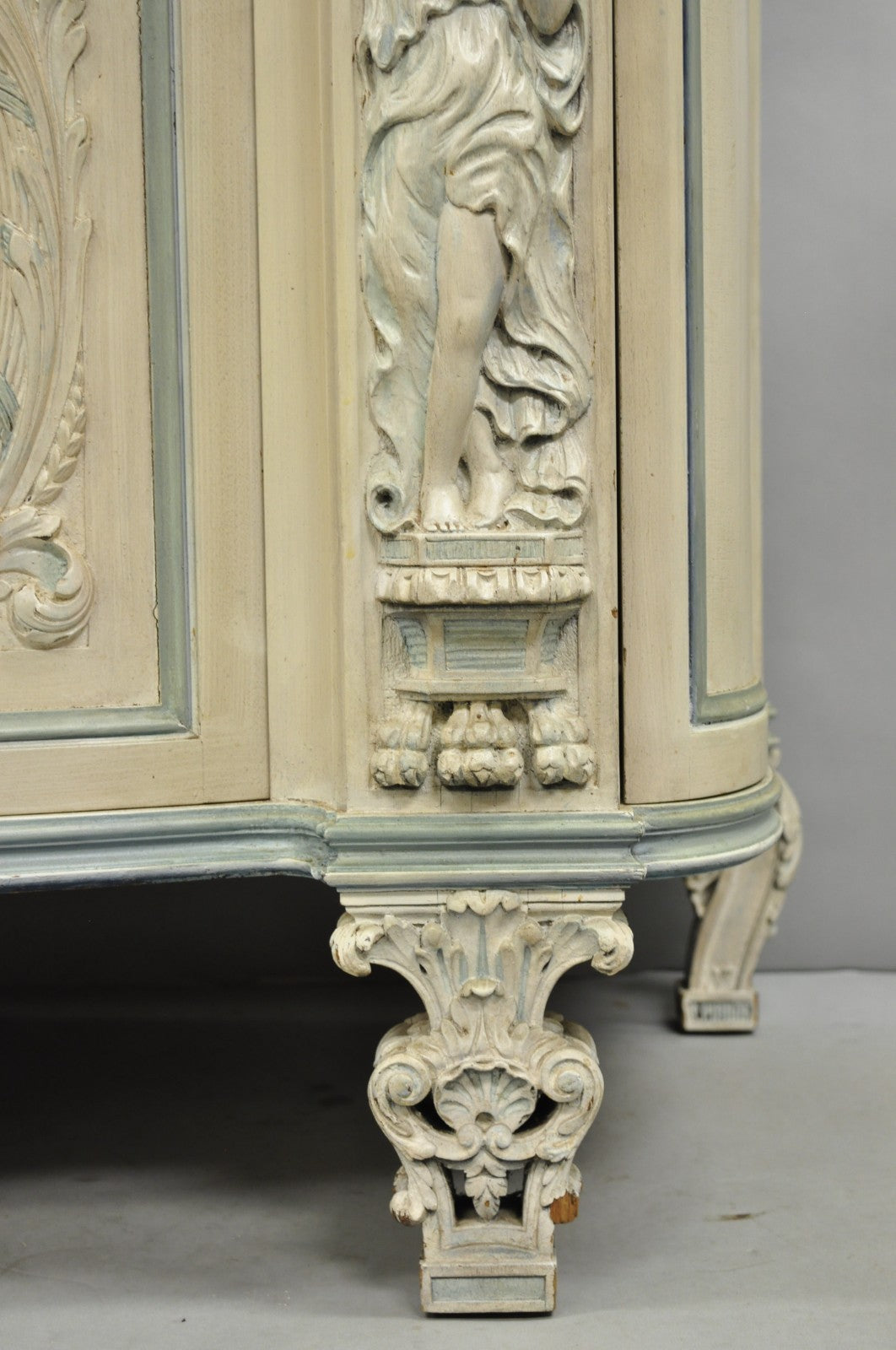 French Renaissance White Blue Painted Figural Carved Marble Top Buffet Commode