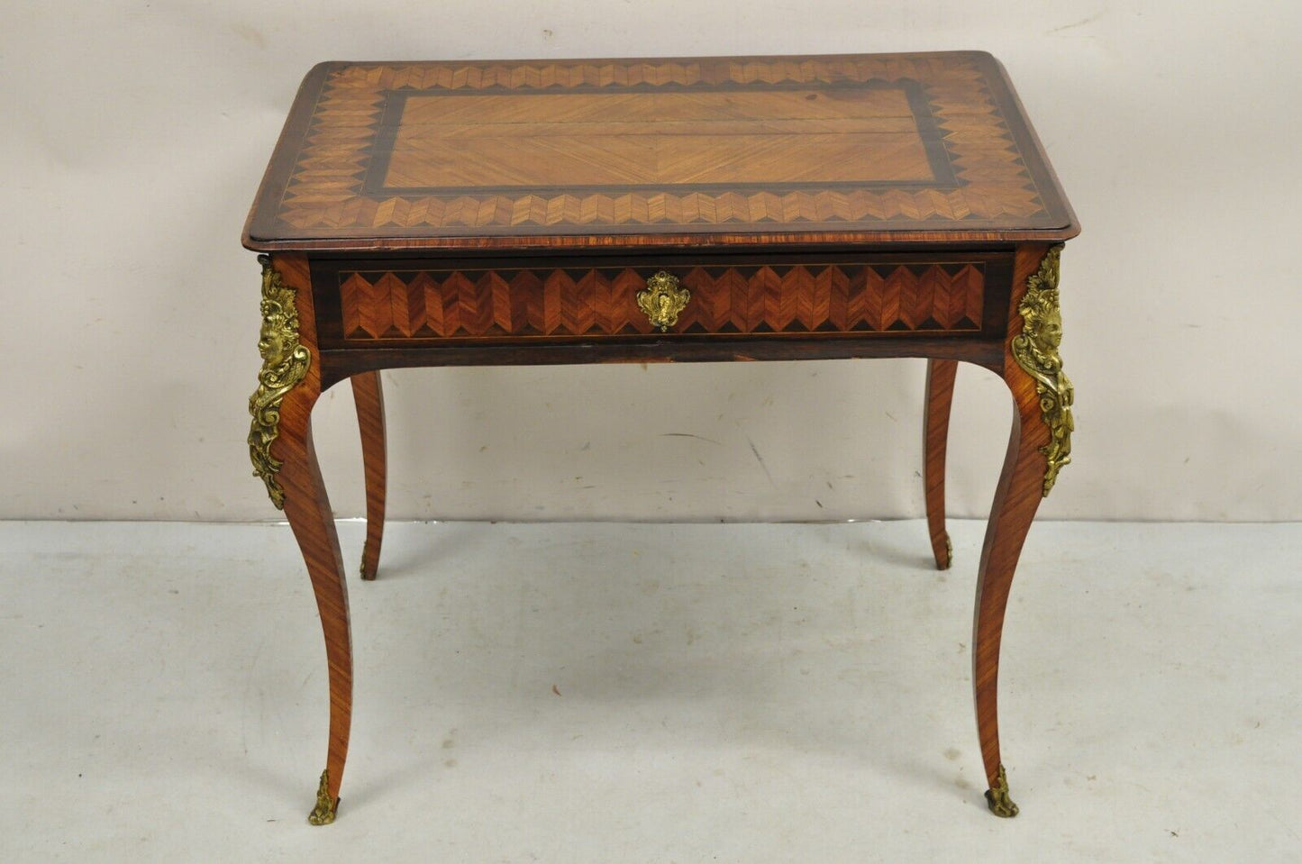 Antique French Louis XV Style Bronze Mount Marquetry Inlay 1 Drawer Writing Desk