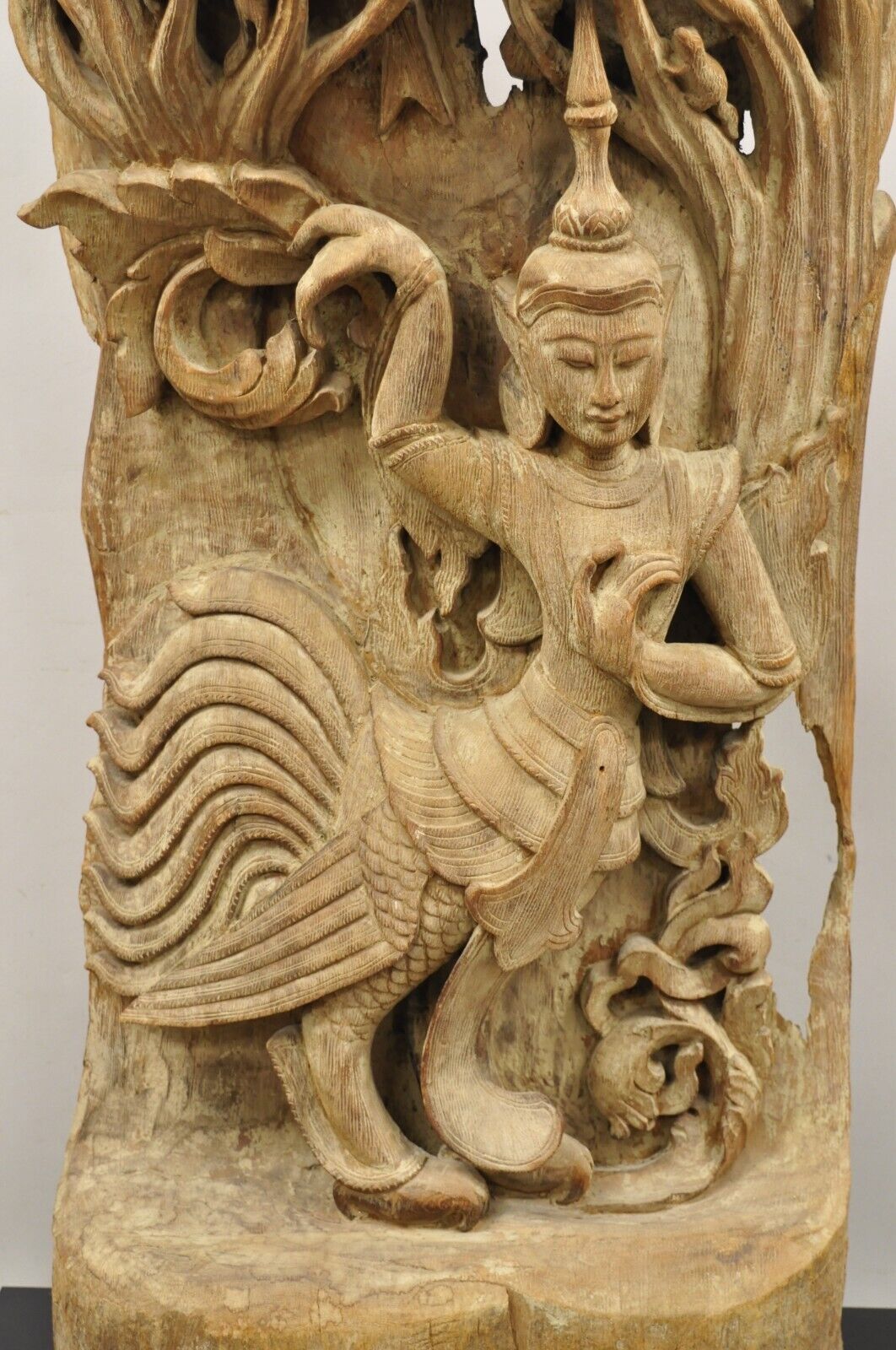 Vintage Burmese Carved Wood Oriental Large Figural Statue Sculpture on Base