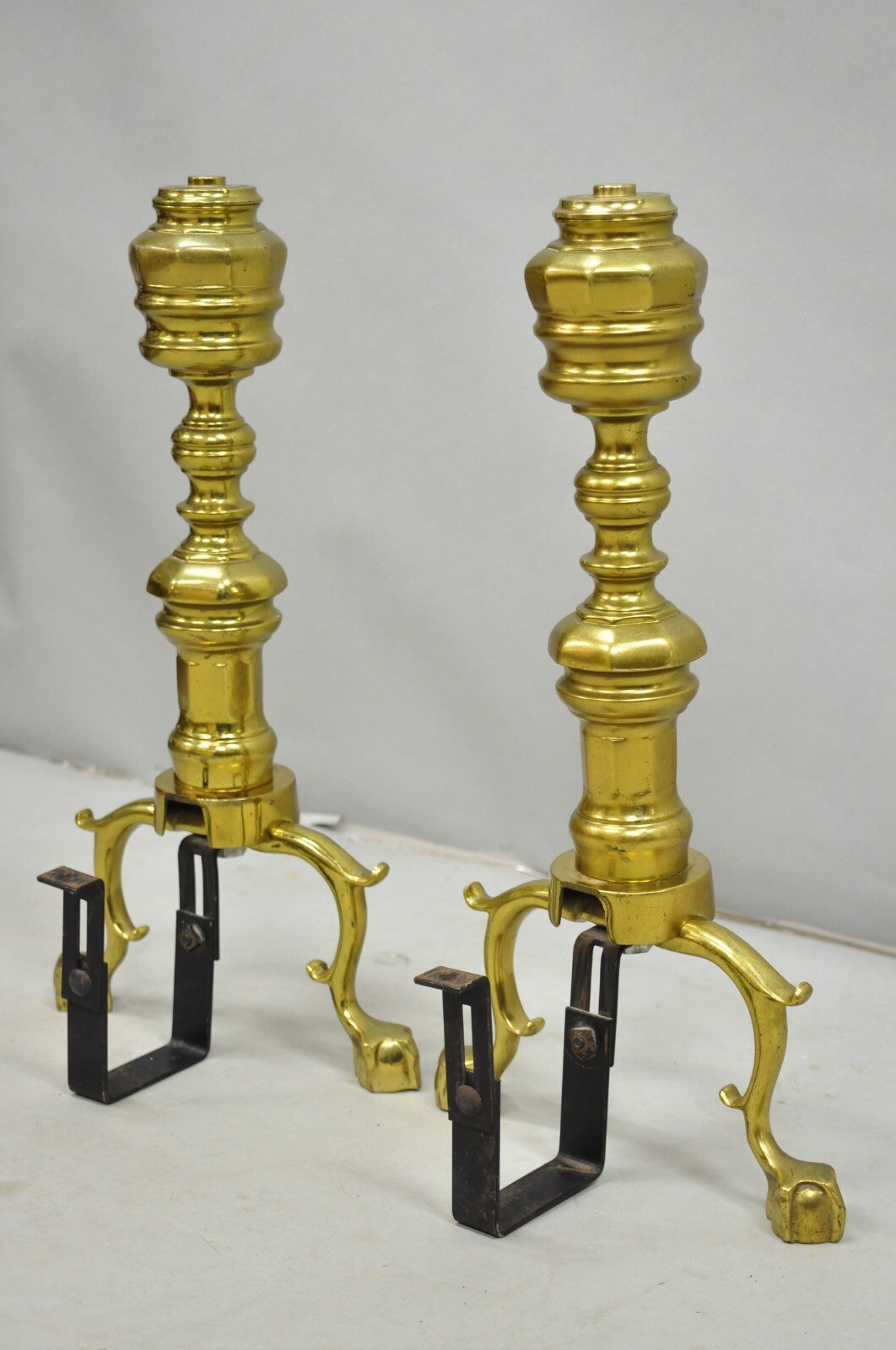Vintage Federal Style Brass Branch Foot Gold Fireplace Andirons - a Pair