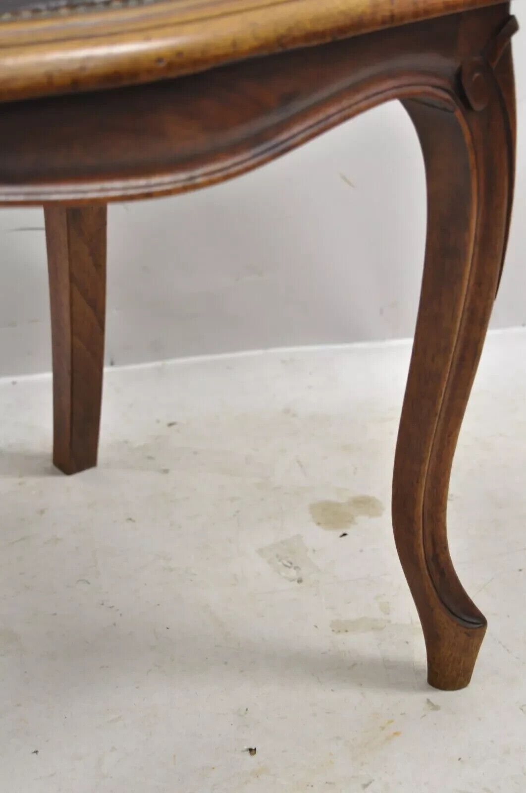 Antique French Louis XV Style Brown Embossed Leather Walnut Side Chair (C)