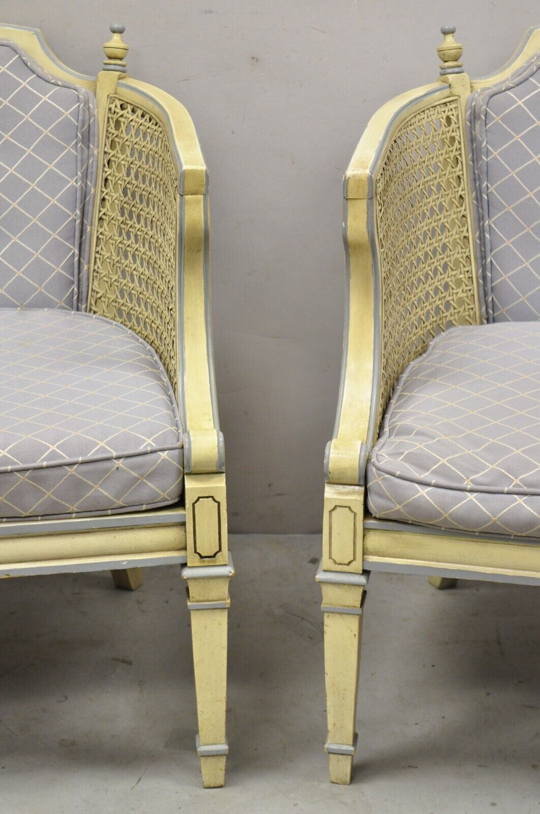 Vintage Hollywood Regency Cream Painted Cane Side Club Lounge Chairs - a Pair
