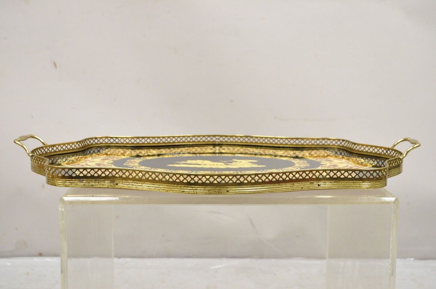 Vintage Italian Lacquered Wood and Brass Chariot Marquetry Inlay Serving Tray