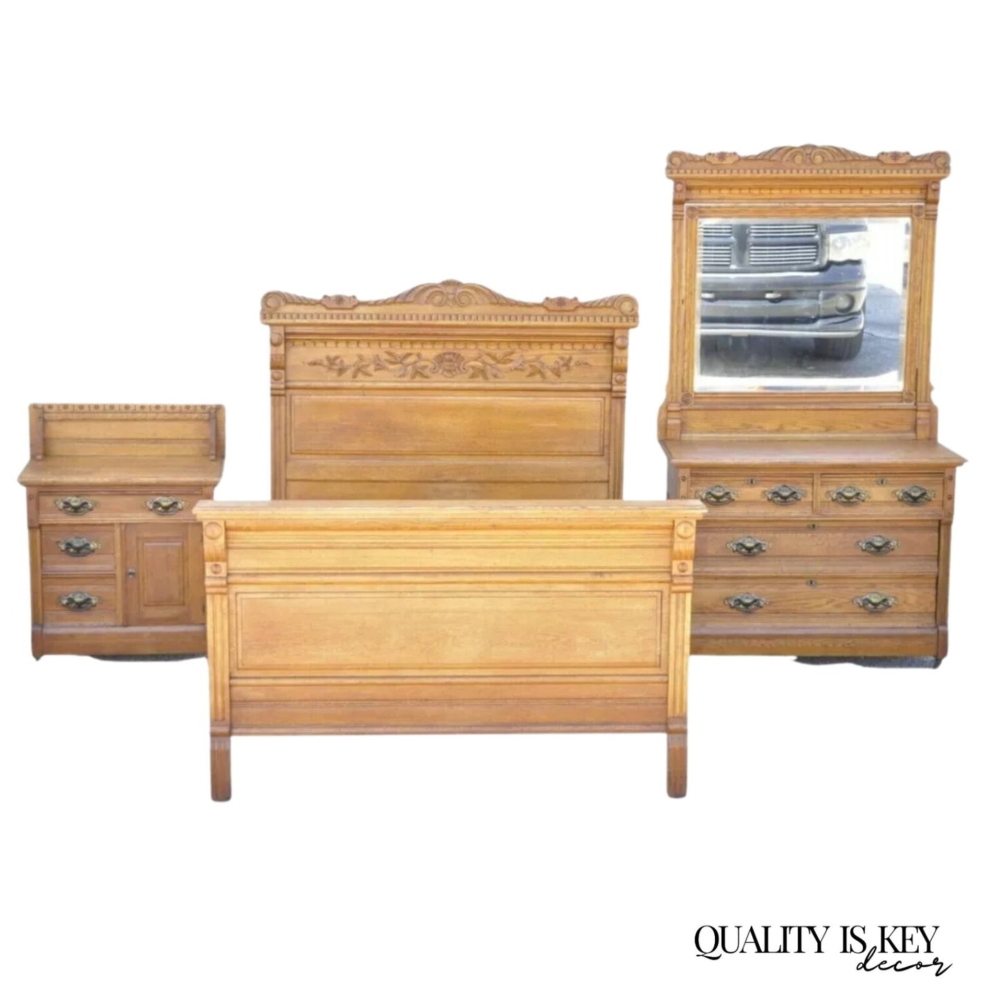 Antique Victorian Oak Bedroom Set Full Size Bed Washstand Dresser - 3 Piece Set