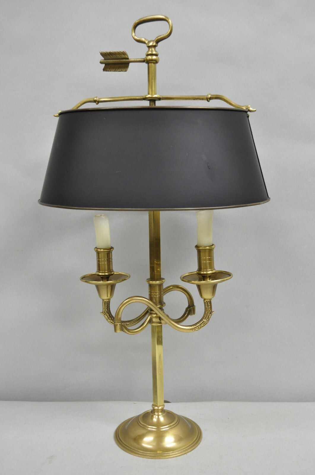 Vintage French Directoire Brass Scroll Arm Tole Metal Bouillotte Desk Table Lamp