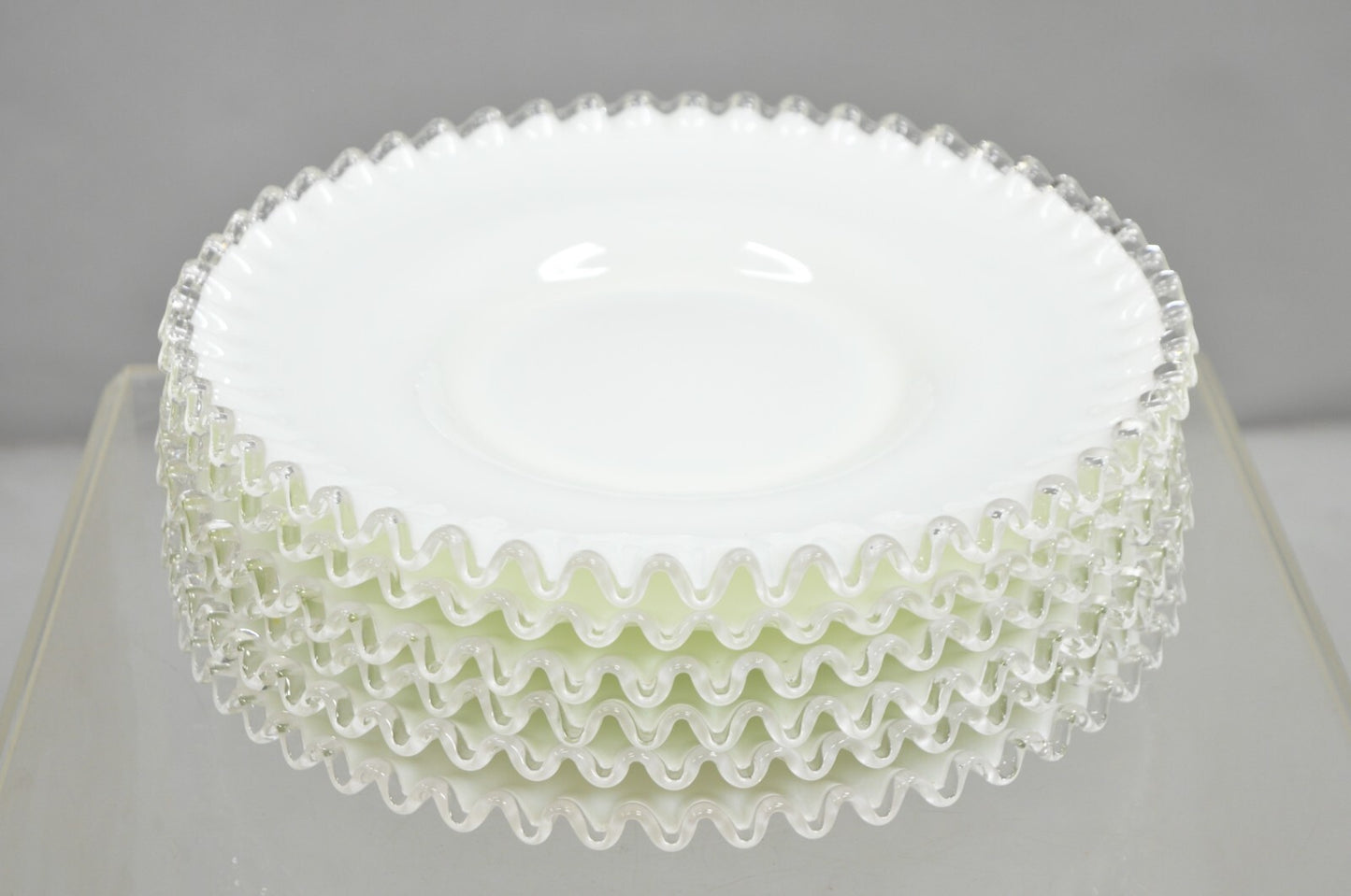 Vintage Fenton Silver Crest 12" Milk Glass Ruffled Edge Plate Platter - Set of 6