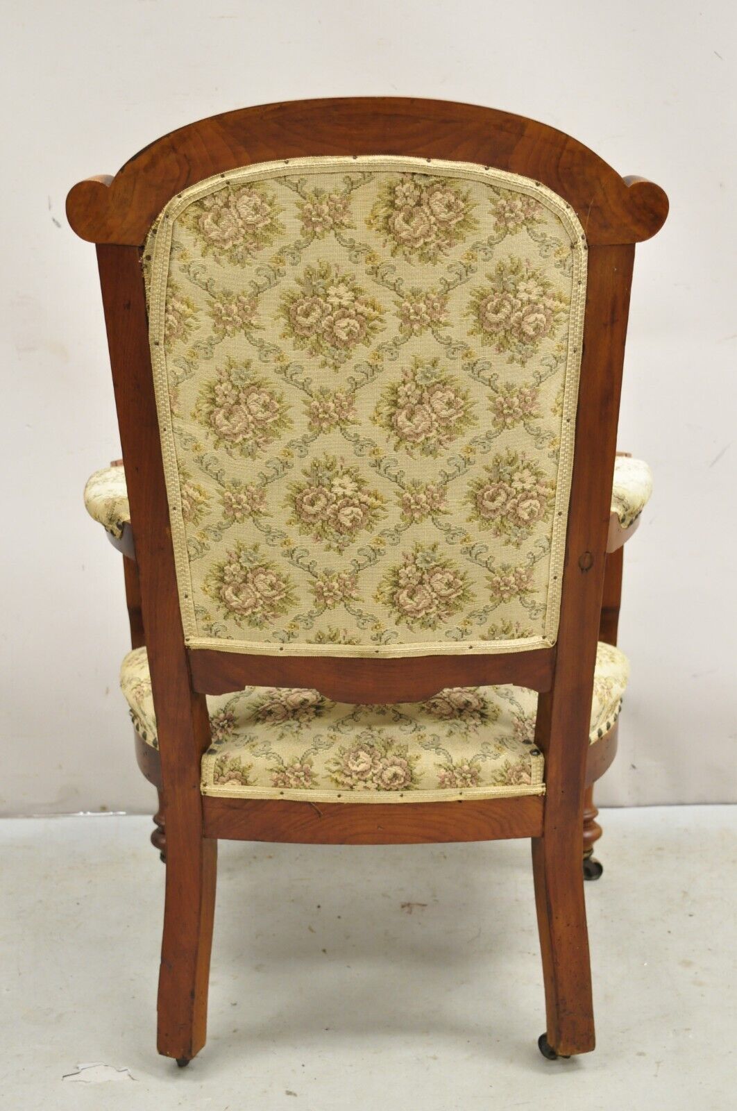 Antique Victorian Carved Walnut Tapestry Upholstered Parlor Lounge Arm Chair