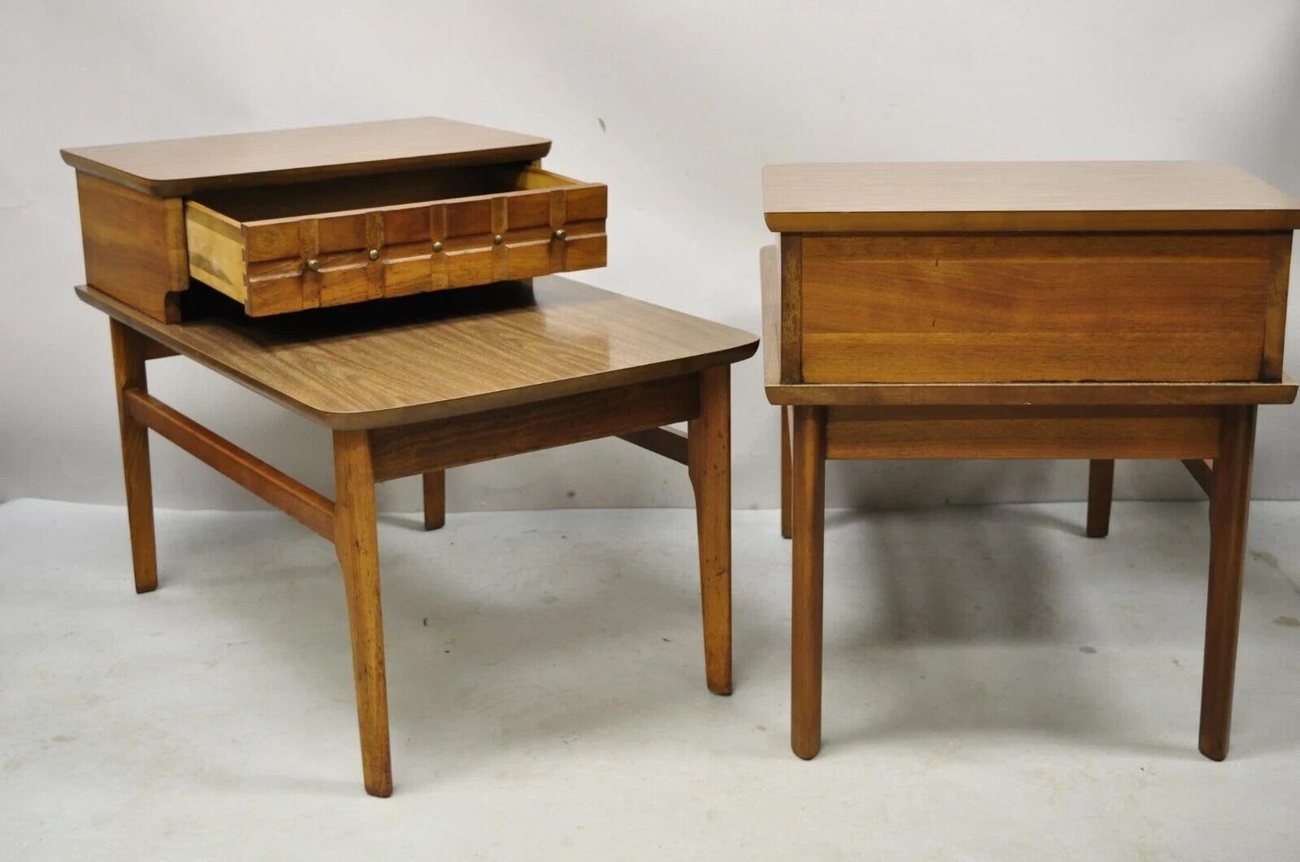 Mersman Mid Century Modern Walnut and Laminate Step Up Side End Tables - a Pair