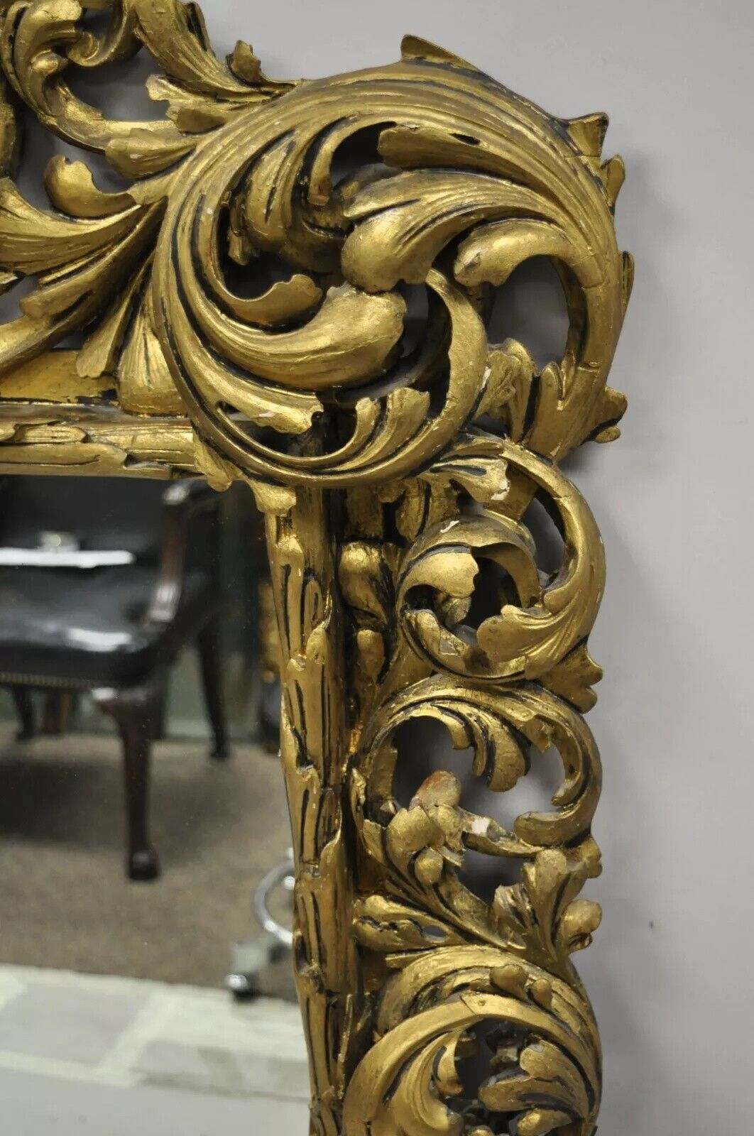 19th C French Rococo Gold Giltwood Relief Carved Wood Acanthus Leaf Wall Mirror