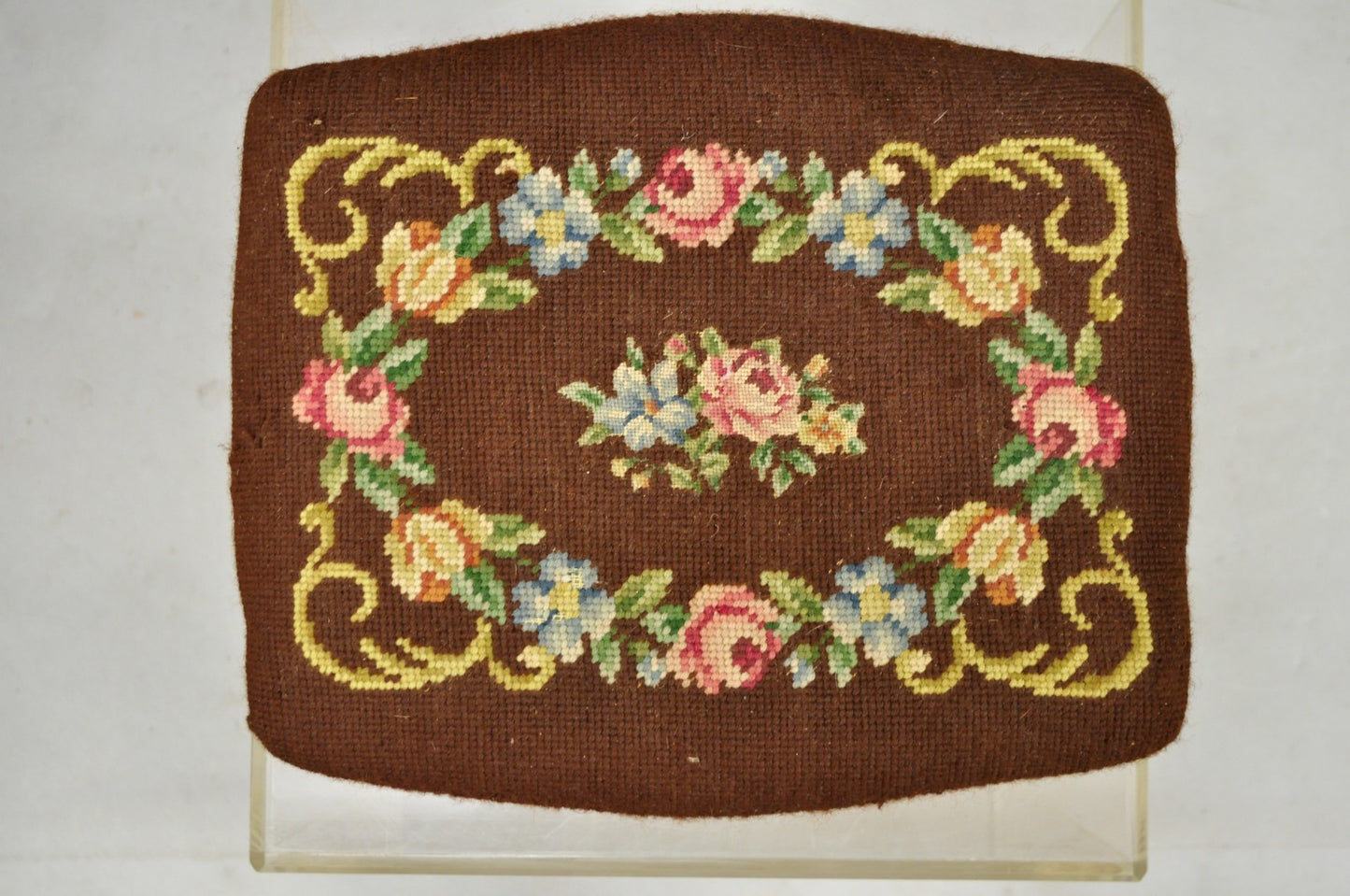 French Country Louis XV Carved Walnut Needlepoint Petite Footstool Ottoman