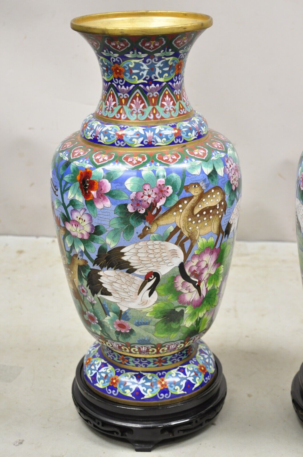 Vintage Chinese Cloisonné Porcelain Enamel Figural Crane and Deer Vase - a Pair
