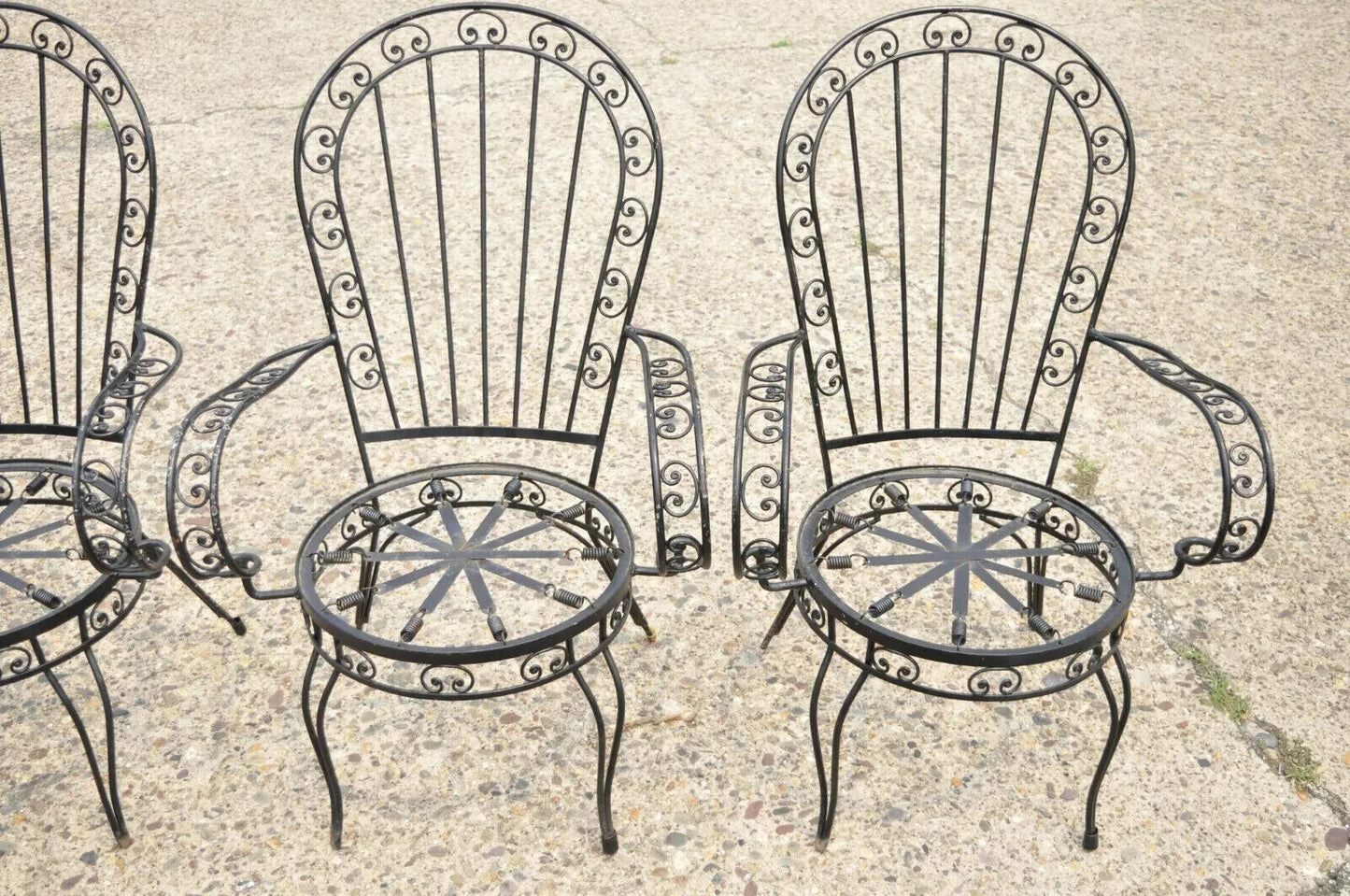 Vintage Italian Regency Wrought Iron Fan Back Sunroom Dining Chairs - Set of 4
