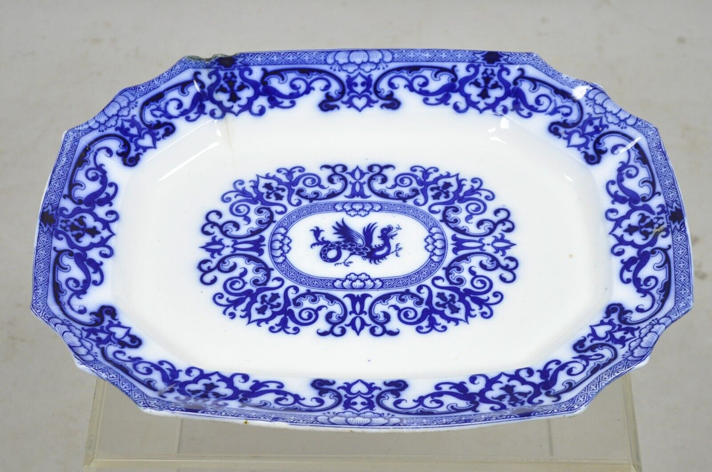Antique Flow Blue and White Transferware Ironstone Platter Dish w Chinese Dragon