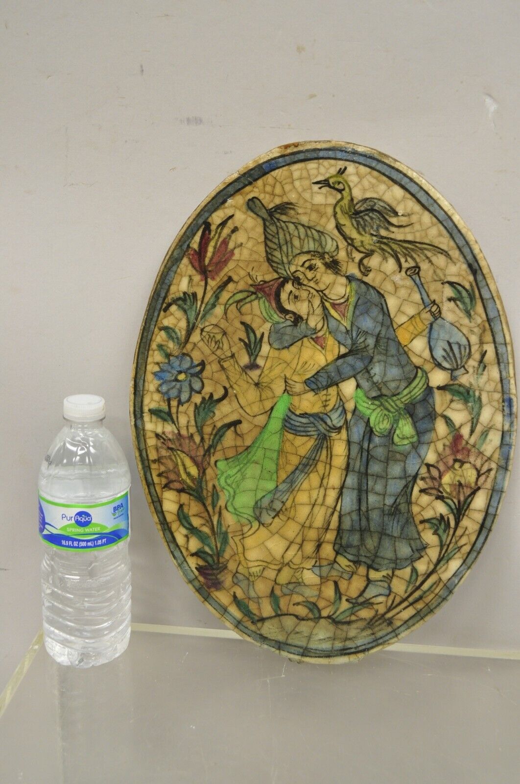 Antique Persian Iznik Qajar Style Oval Ceramic Pottery Tile Loving Embrace C2