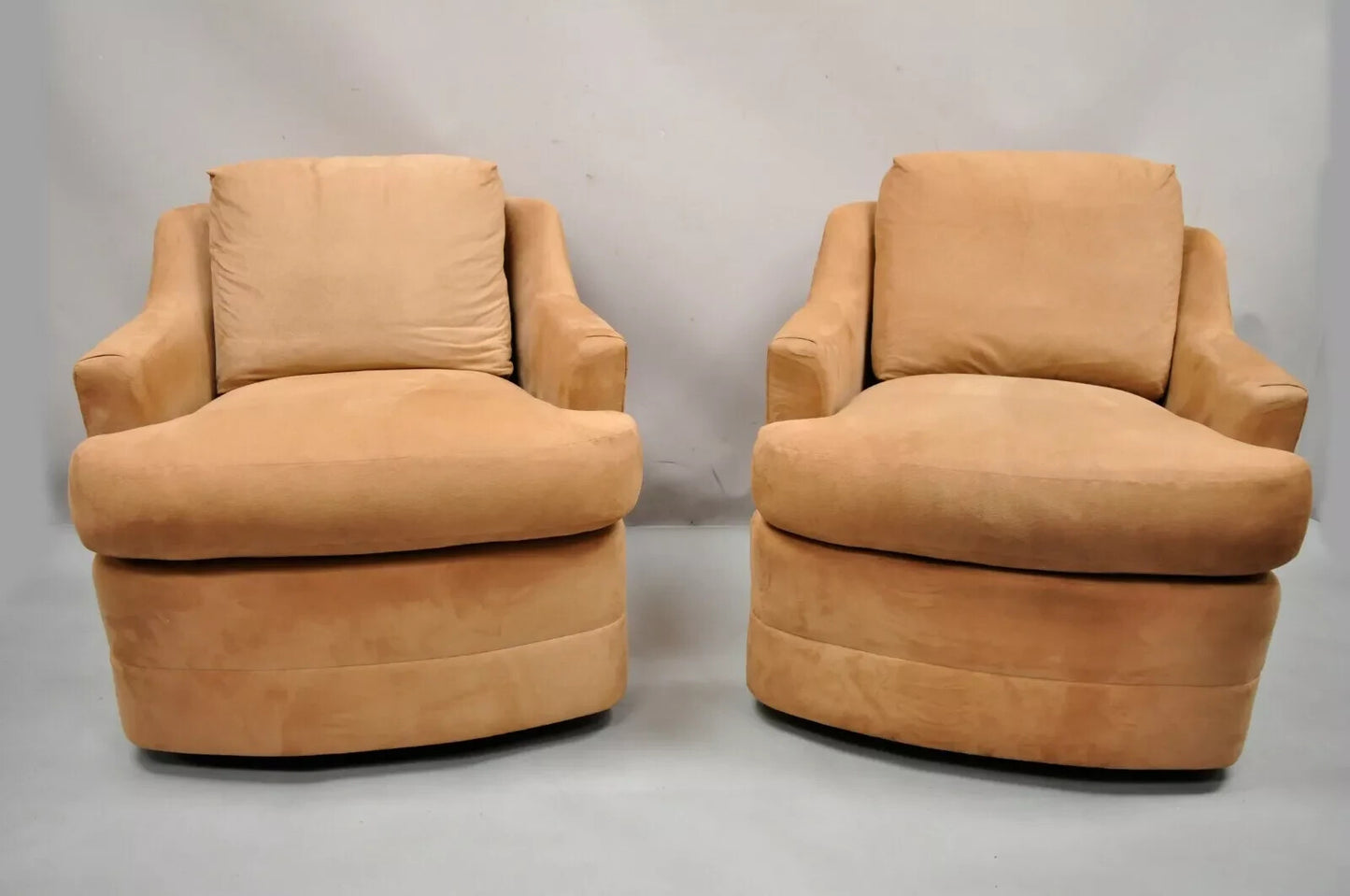 Vintage Mid Century Modern Brown Upholstered Swivel Lounge Club Chairs - a Pair