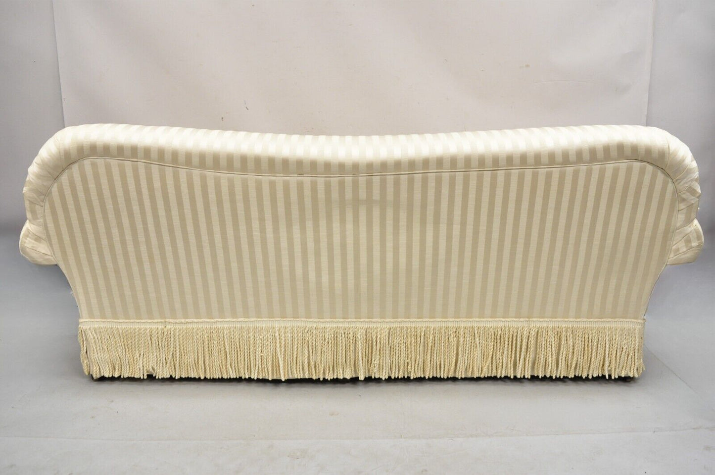 Ethan Allen Contemporary Rolled Arm Gold Striped Upholstered Sofa with Skirt