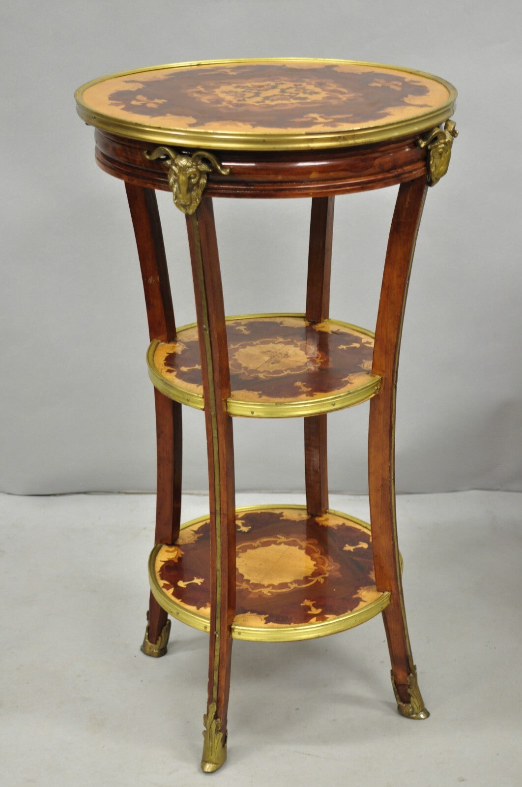 Vintage French Louis XVI Style Bronze Rams Head Ormolu 3 Tier Round Side Table
