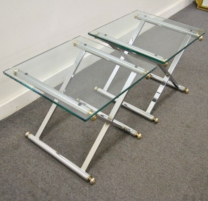 Mid Century Modern Hollywood Regency Chrome Brass Glass X Form Side Table - Pair