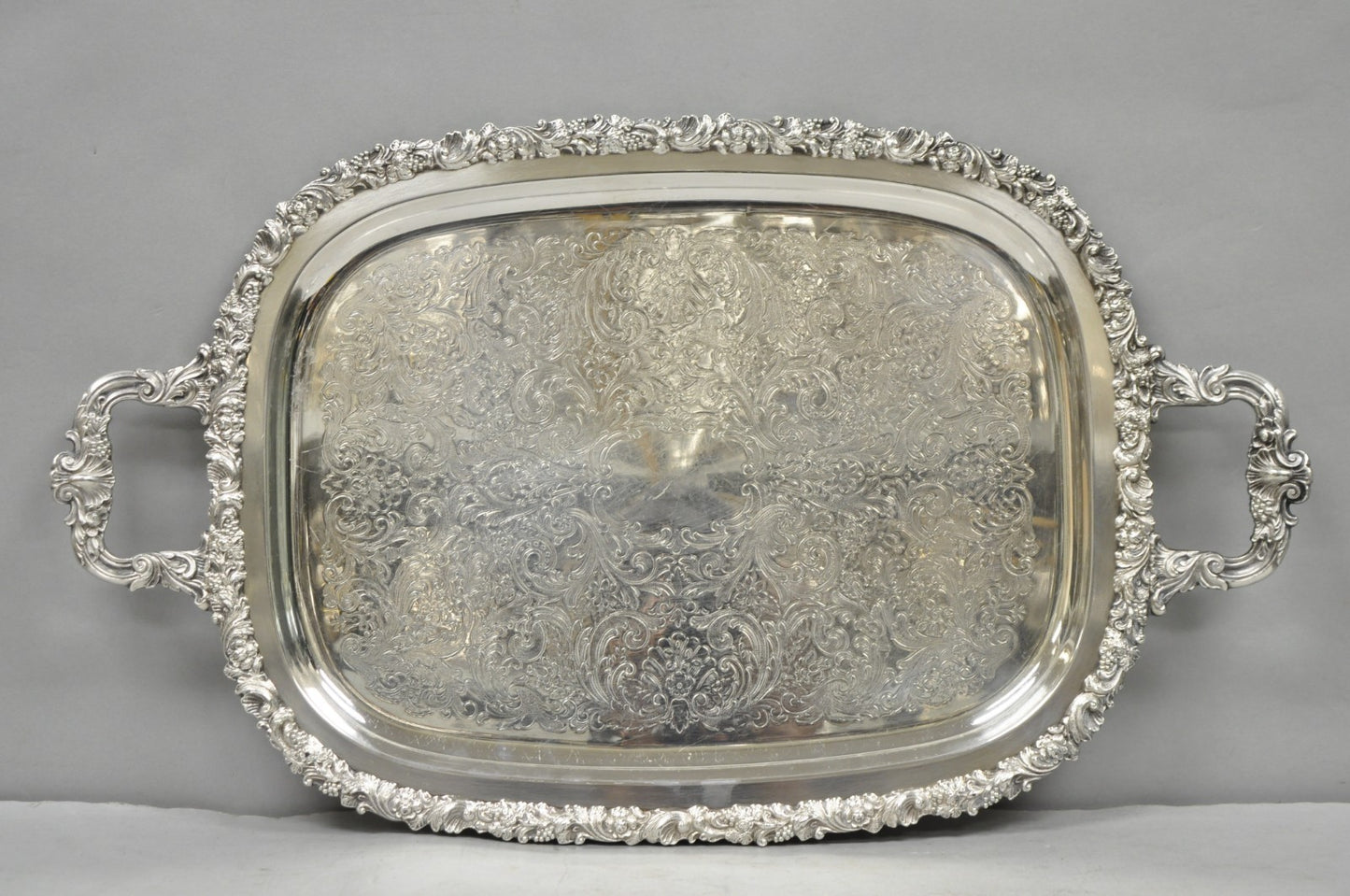 Vintage Gorham YC1466 Silver Plated Floral Repousse Bar Serving Tray w Handles