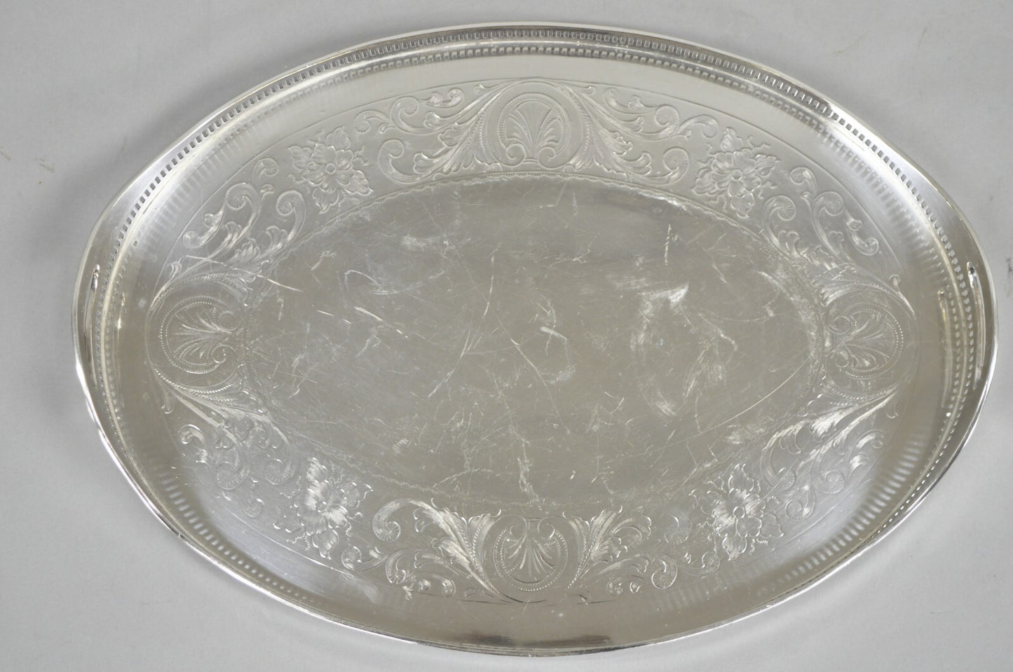 Antique English Sheffield Edwardian Silver Plated Oval 16" Bar Tray w/ Gallery