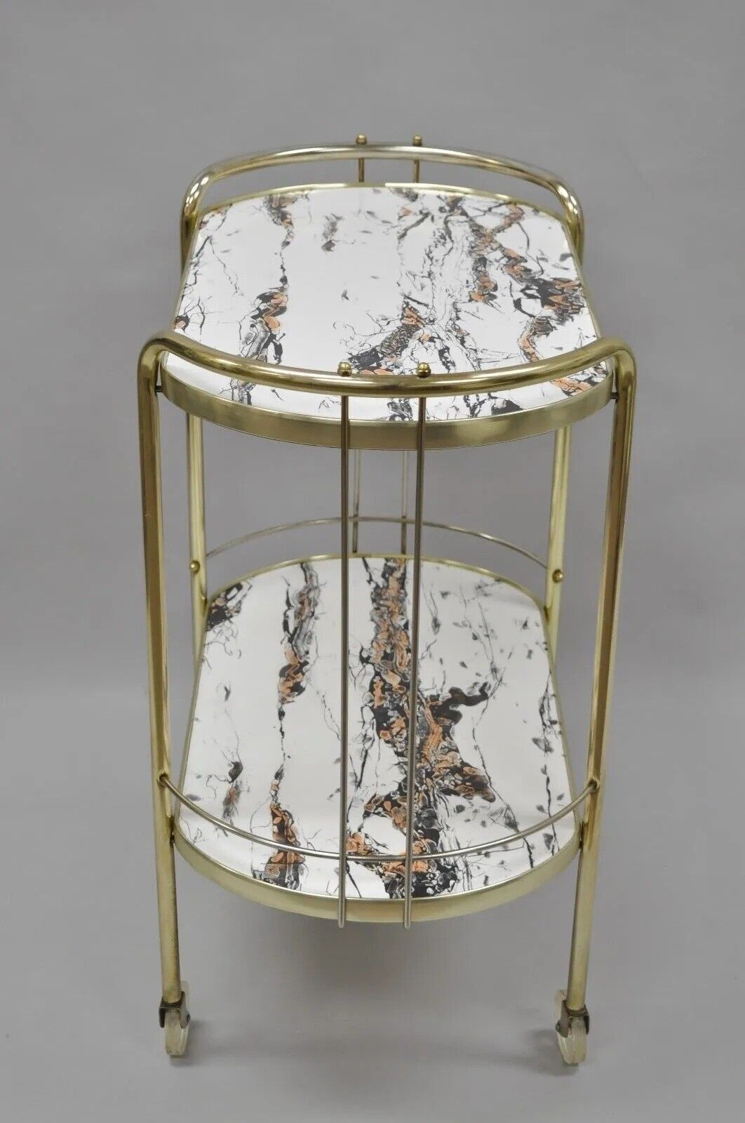 Vintage Mid Century Modern Brass Rolling Bar Tea Cart Laminate Faux Marble