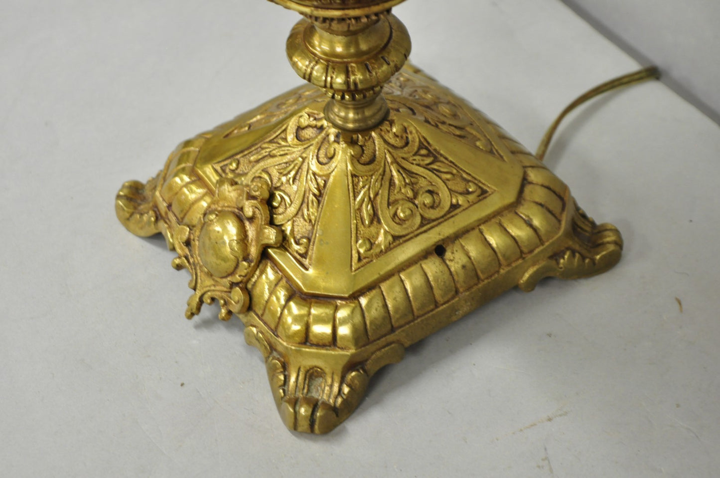 Vintage French Louis XV Style Red Porcelain Brass Candelabra Table Lamps - Pair