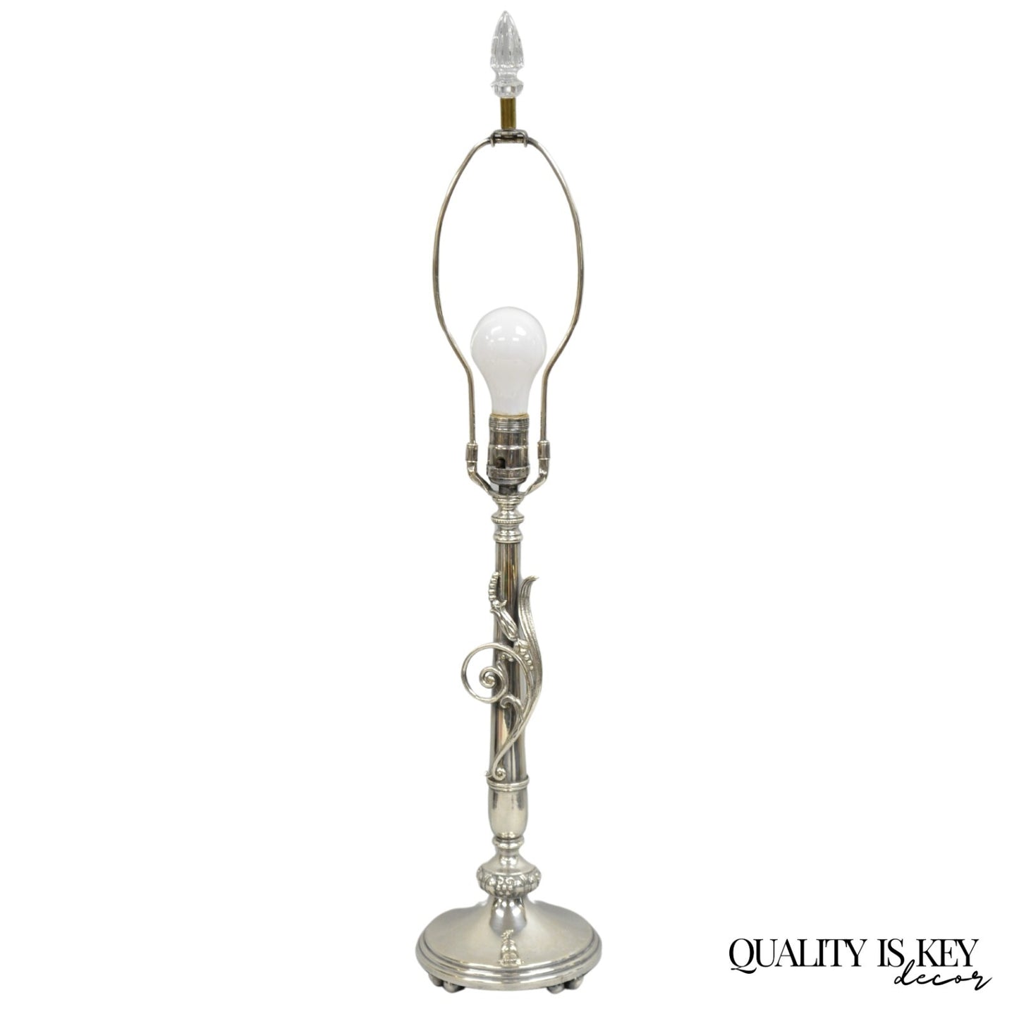 Antique French Art Nouveau Silver Plated Scrollwork Column Small Table Lamp