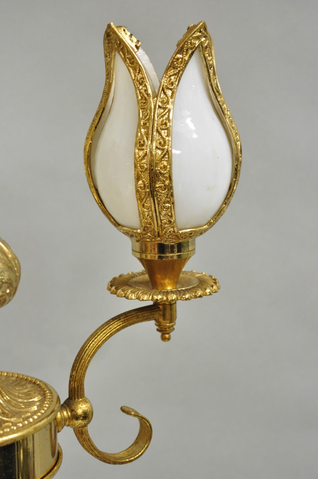 Vintage Hollywood Regency Gold Tall Candlestick Lantern Tulip Shade Table Lamp