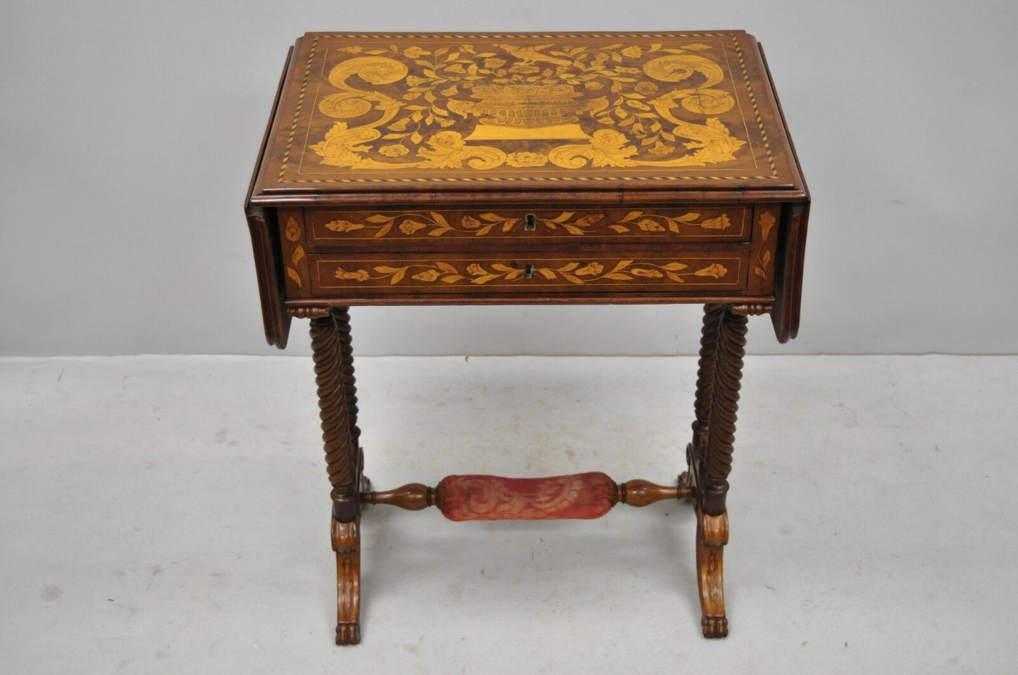 19th C. Dutch Marquetry Inlaid Regency Style Drop Leaf Sewing Stand Work Table